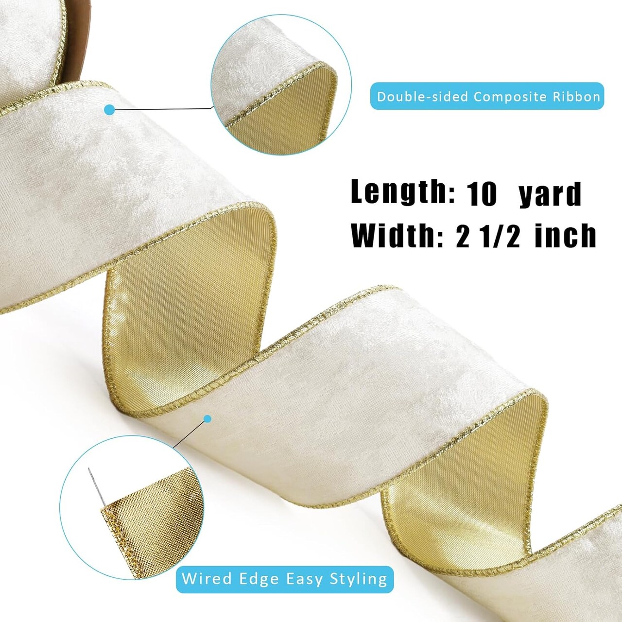 Ivory and Gold Velvet Ribbon Wired, 10 Yards 2.5 Inch Wide Double Faced Velvet Ribbon for Christmas Tree, Gift Wrapping, Wreath Bow, Outdoor Decoration
